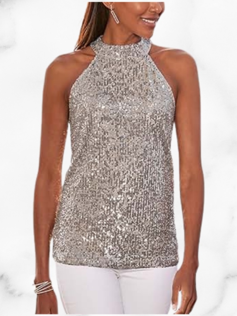 Women's silver sequin halter top, sleeveless with a high neckline